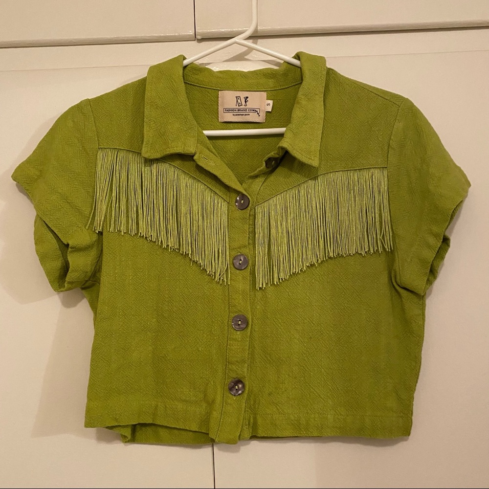 Fringe Cowboy Button Collar Crop Top by Fashion Brand Company Iridescent Buttons